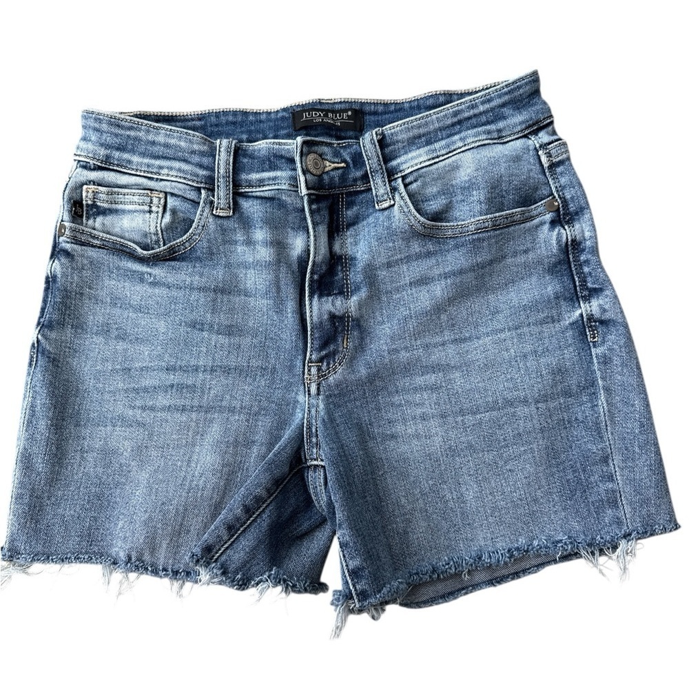 Judy Blue Mid Rise Fray Hem Boyfriend Fit Denim Shorts